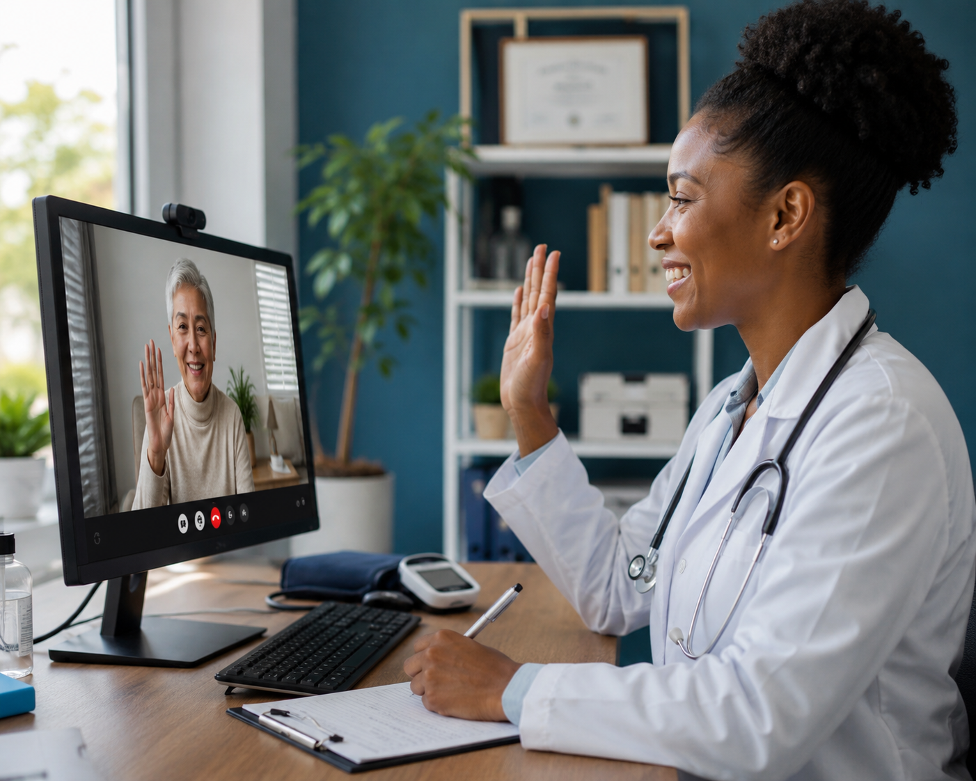 Médica atendendo paciente por videochamada