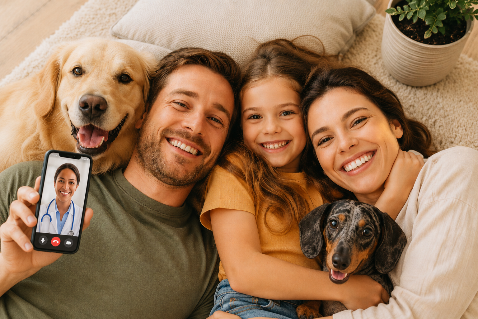 Família em videochamada com médico, ao lado de seus pets